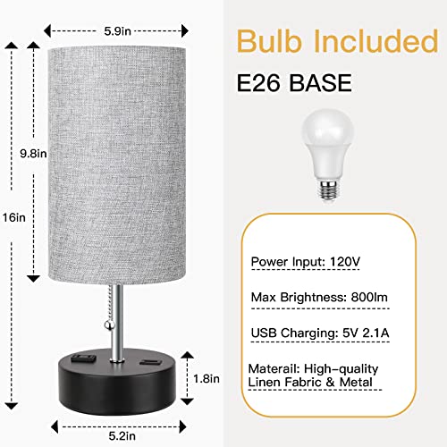 Modern bedside lamp with fabric shade, providing warm white light.