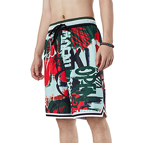 Auyz Grafitti Print Basketball Shorts for Men Lightweight Athletic Training Workout Shorts with Pockets Drawstrings-Green-XL