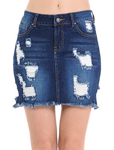 Wax Women's Juniors Casual Distressed A-Line Denim Short Skirt, Dark, s