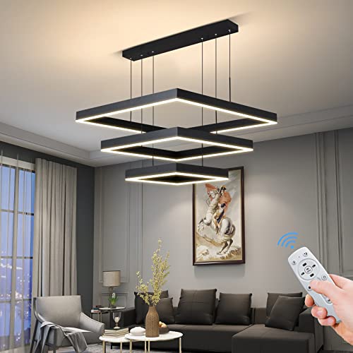 Modern LED Chandelier, 3 Ring Dimmable Square Chandelier for Living Dining Room,Bedroom,Foyer Chandelier Lighting Fixture, High Ceiling Hanging Living Room LED Pendant Ceiling Light Fixture（Black）