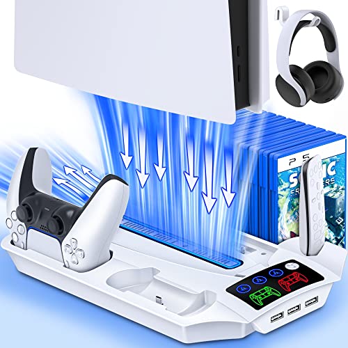 PS5 Stand with 4 Level Cooling Fan, Dual Fast PS5 Controller Charging Station with 3 USB Hubs, Built-in 13 Game Storage PS5 Accessories PS5 Cooling Station for Sony PS 5 Digital/Disc Edition