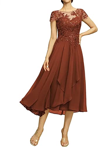 Women's Lace Applique Short Mother of The Bride Dress for Wedding Cap Sleeve Groom Grandmother Formal Party Dress Rust