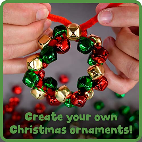 Children's Christmas craft kit with jingle bells, red and green pipe cleaners, and red ribbon for making jingle bell wreath ornaments.