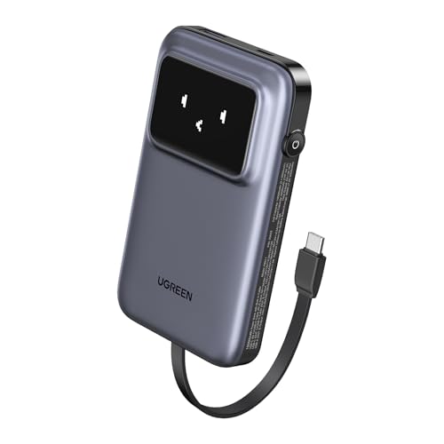 UGREEN Uno Power Bank with Built-in USB-C Cable 10,000mAh Portable Charger PD 30W Fast Charging Battery Pack with TFT Display for iPhone 16 Series/Galaxy S24/LG/Pixel/iPad/Airpods and More
