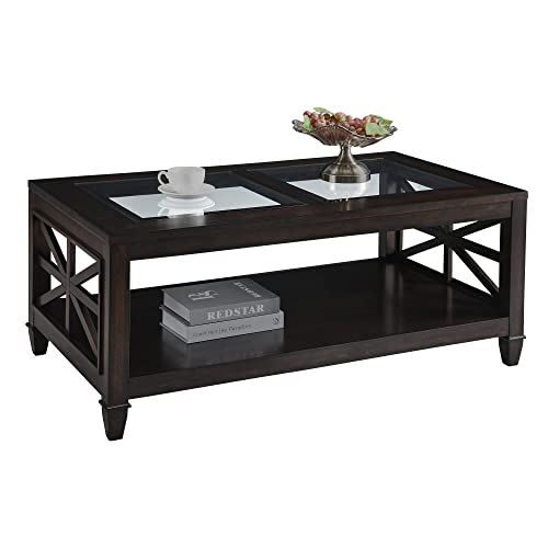 Solid Wood Coffee Table with Tempered Glass Top, Farmhouse Living Room Center Table with 2-tire Storage Shelf, Traditional Cocktail Table, 45.5” x 26” x 19” Easy Assembly, Vintage Walnut KFZ1318DC