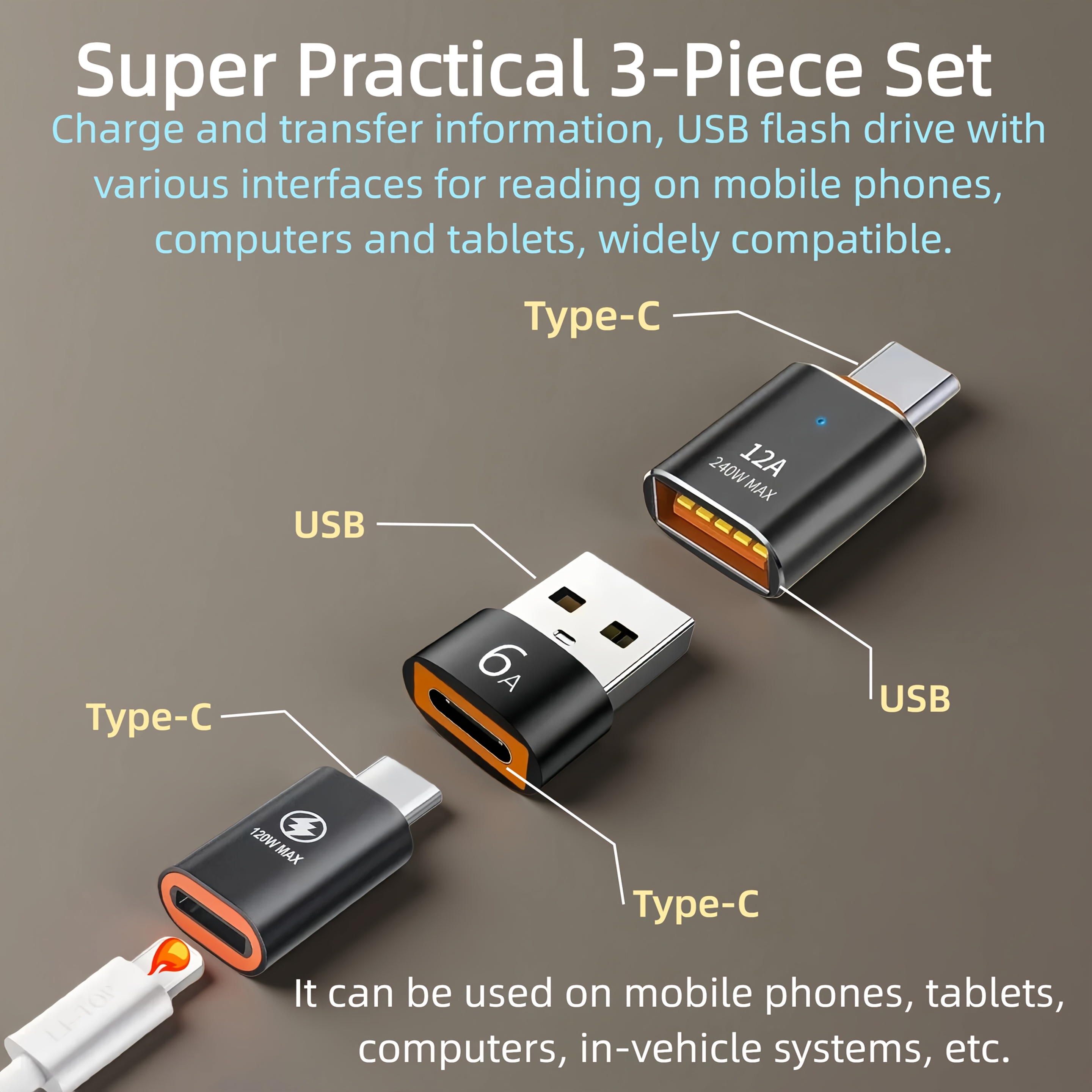 Super Practical 3pcs USB Type C Adapter Set Charge Transfer Connector for Phone Laptop Tablet