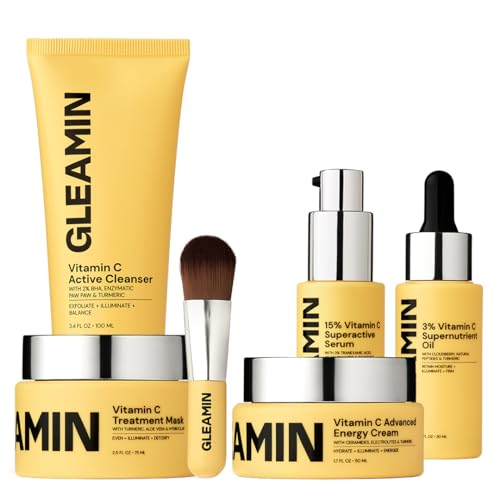 Gleam Dream Team - Complete Vitamin C Skincare Bundle: Includes Clay Mask, Serum, Facial Oil, Energy Cream, and Cleanser - Visible Reduces Dark Spots & Brightens, Hydrates & Evens Skin Tone - 15% Off