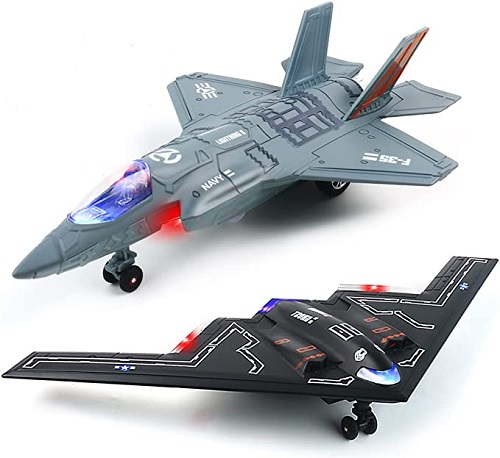 Fighter Jet Toy - 2 Pack, Diecast Airplane Toys for Kids, B2 F35 Model Plane Toy for Boys, Pull Back Toy Jets with Light & Sound for Gifts Collection Decor