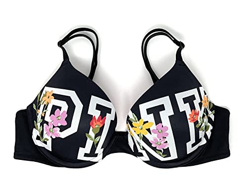 Victoria's Secret Pink Wear Everywhere Push-Up Bra 34C Black Block Logo Floral