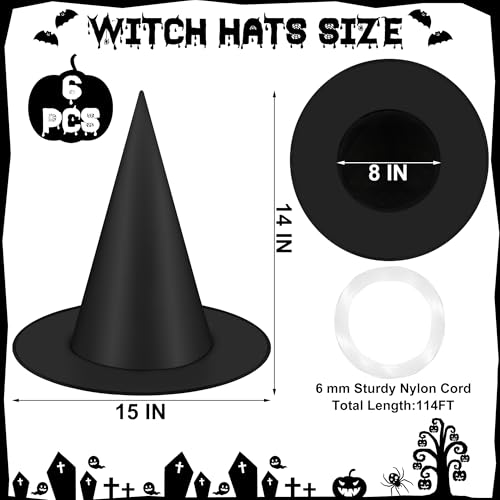 Black witch hats hanging for Halloween porch decor