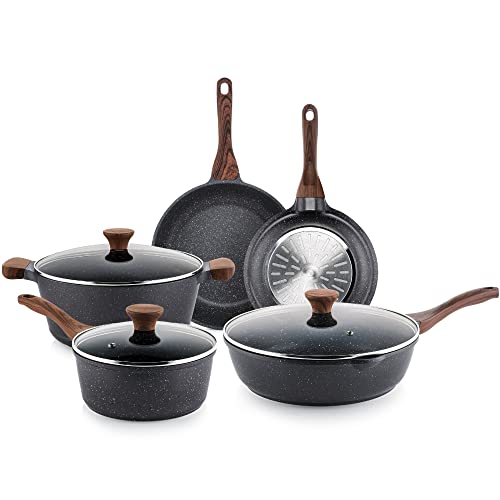SENSARTE Nonstick Cookware Set, 8-Piece Pots and Pans with Lid, Stay-Cool Handle, Induction Compatible Healthy Granite Kitchen Cookware Set with Swiss nonstick Coating, PFOA free