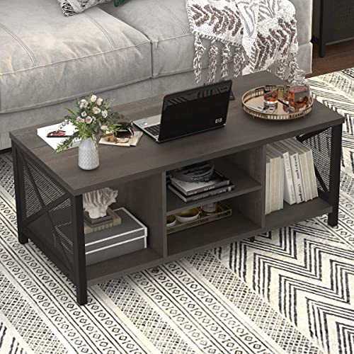 FATORRI Rustic Coffee Table for Living Room, Farmhouse Dark Wood Center Table, Industrial Rectangle Cocktail Tea Tables (Walnut Brown)