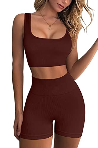 QINSEN Stretchy Shorts Women Ribbed Exercise Outfits 2 Pieces Yoga Sports Bra and Leggings Set Coffee M