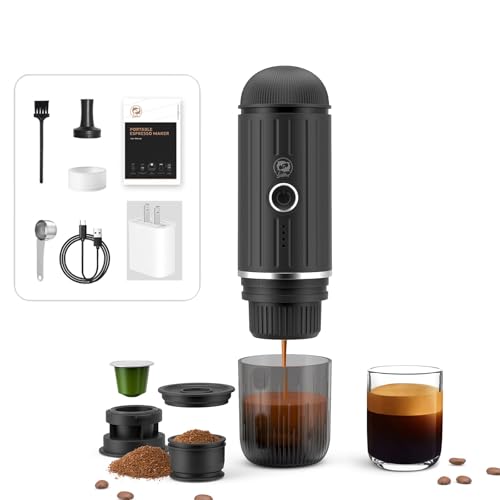 HAILASRE Portable Espresso Machine with 3-4 Min Self-heating, 12V Rechargeable Electric Coffee Machine 19 Bar Compatible with NS Capsules and Ground Coffee for Car Camping Travelling