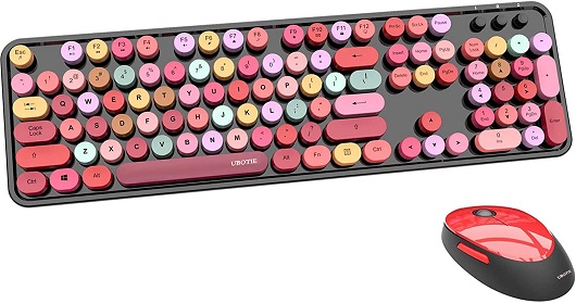 UBOTIE Colorful Computer Wireless Keyboard Mouse Combos, Typewriter Flexible Keys Office Full-Sized Keyboard, 2.4GHz Dropout-Free Connection and Optical Mouse (Black-Colorful)