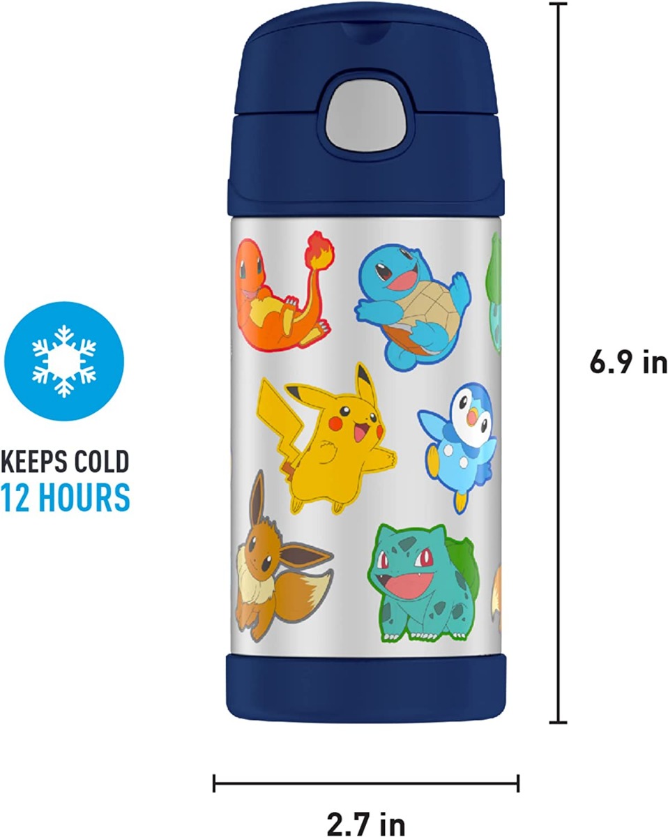 THERMOS FUNTAINER 12 Ounce Stainless Steel Vacuum Insulated Kids Straw Bottle, Pokemon