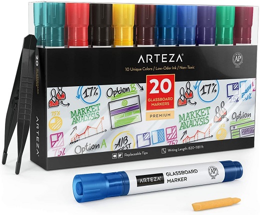 Arteza Dry Erase Markers for Glass Boards Pack of 20, 10 Bright Colors with Low-Odor Ink, Erasable Window Markers, Office Supplies for Glass, Mirrors, Whiteboards and Non-Porous Surfaces