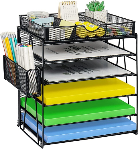 4 Tier Mesh Desk Organizers with Pen Holder, Desk File Organizer with Drawers, Desk Organizers and Accessories, Office Supplies Desktop Storage Paper Organizer Rack for Office Home