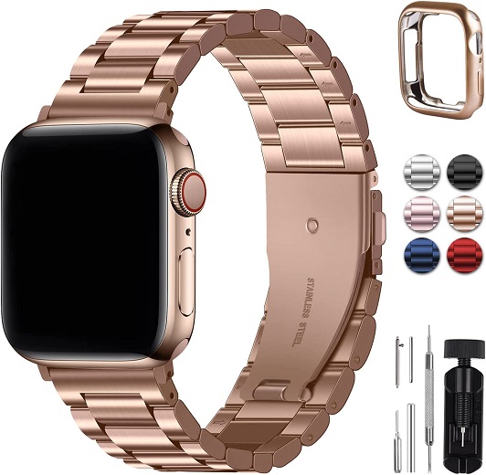 Fullmosa Compatible Apple Watch Band 42mm 44mm 45mm 38mm 40mm 41mm, Stainless Steel iWatch Band with Case for Apple Watch Series 7/6/5/4/3/2/1/SE, 42mm 44mm 45mm Rose Gold