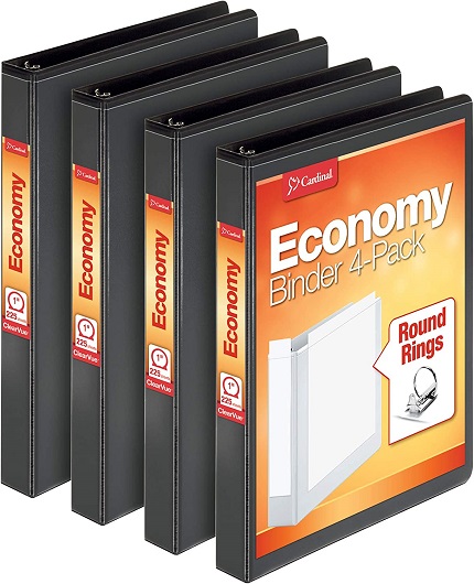 Cardinal Economy 3 Ring Binder, 1 Inch, Presentation View, Black, Holds 225 Sheets, Nonstick, PVC Free, 4 Pack of Binders (79512)