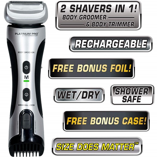 Platinum Pro by MANGROOMER - New Body Groomer, Ball Groomer and Body Trimmer with Lithium Max Battery, Bonus Extra Foil and Storage Case!
