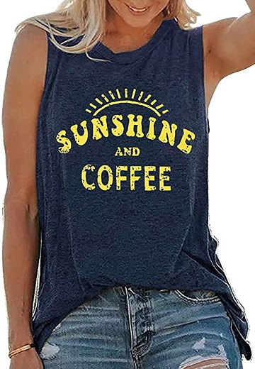Tank Tops for Women Summer Sunshine and Coffee Graphic T-Shirts Sleeveless Casual Ladies Loose Tunic Blouse(Sunshine Deep Blue,L)