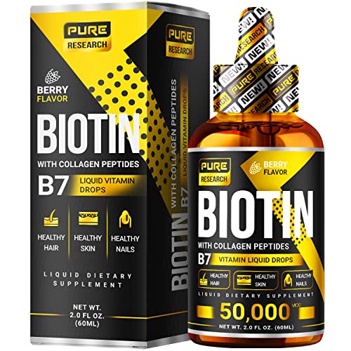 Liquid Biotin & Collagen Hair Growth Drops 50,000mcg – Biotin and Liquid Collagen Supplements for Women & Men – Supports Glowing Skin, Healthy Hair & Nail Growth (2Fl Oz)