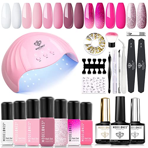 modelones 7 Colors Nude Pink Series Gel Manicure Nail Polish Starter Kit with U V light 48W, Bond Primer Base & Top Coat for Beginner Nail Art Lover Home Salon
