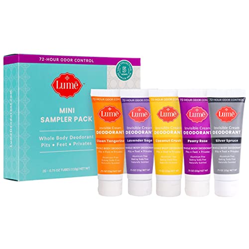 Lume Whole Body Deodorant 5 Pack Sampler - Invisible Cream Tube - 72 Hour Odor Control - Aluminum Free, Baking Soda Free, Skin Safe - .5 ounce Mini Tubes (Clean Tangerine, Lavender Sage, Peony Rose, Toasted Coconut, Unscented)