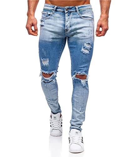 HUNGSON Men's Stretchy Ripped Skinny Biker Jeans Taped Slim Fit Denim Pants