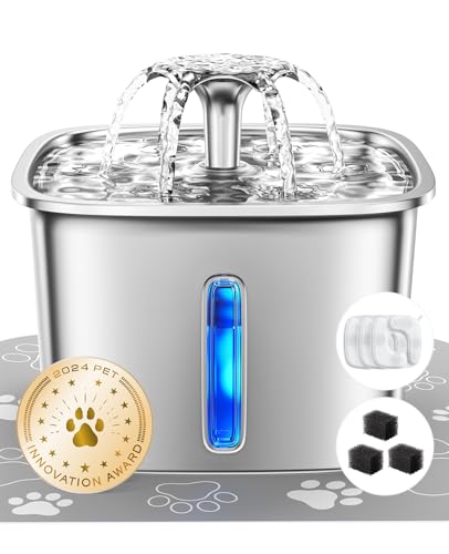 Veken Innovation Award Winner Stainless Steel Cat Water Fountain, Dad Gifts, 95oz/2.8L Automatic Pet Fountain with 3 Replacement Filters & 3 Pre-Filter Sponges & Silicone Mat for Cats, Dogs (Silver)