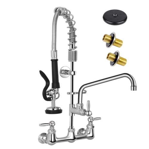 Commercial Faucet with Sprayer 8 Inch Center Wall Mount Commercial Sink Faucet, 26'' Height with Pull Down Pre-Rinse Sprayer & 12" spout, with Thickened Hose for 2-3 Compartment Utility Sink