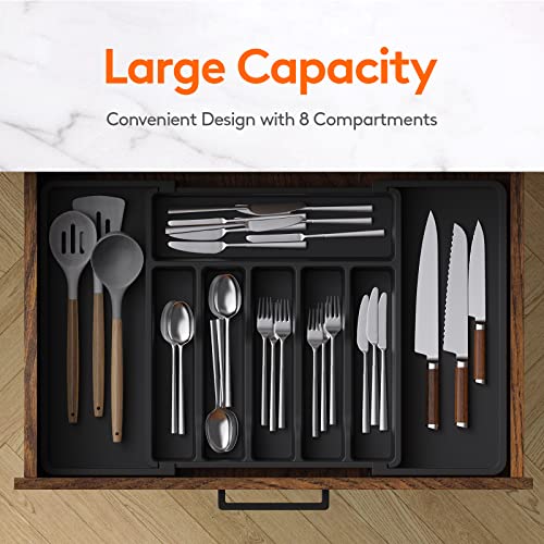 Expandable silverware organizer fits various drawer sizes & utensils.