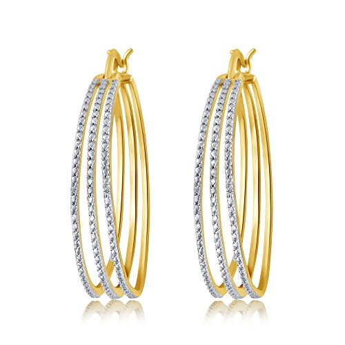 Trendy Gold Plated Prong Set Three Row Saddle Back Hoop Earrings (Diamond Quality -J, I3) Fashion Jewelry for Women Teen Girls Her | by La4ve Diamonds |Gift Box Included