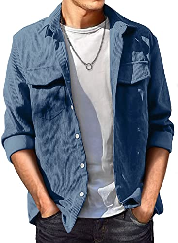 JMIERR Men's Corduroy Button-Down Shirts Casual Long Sleeve Fall Shacket Jacket with Flap Pocket for Men, M, C Blue01