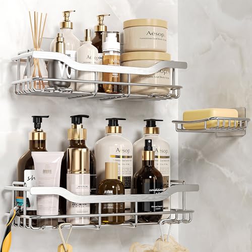 OMAIRA Shower Caddy 3-Pack, Adhesive Shower Organizer with Soap Holder, Rustproof No Drilling Shower Shelves for Inside Shower & Bathroom Organizer, Silver(X-Large)