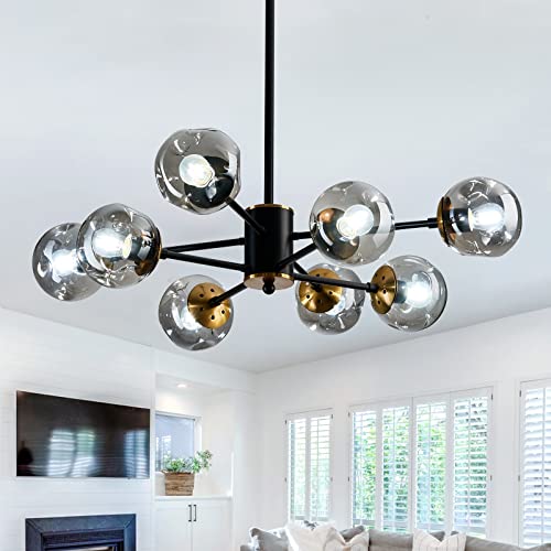 SZXYKEJI 8 Light Chandelier Pendant Lighting Black with Glass Globes Classic Vintage Ceiling Light Fixture for Kitchen Living Room Dining Room Bedroom Farmhouse.