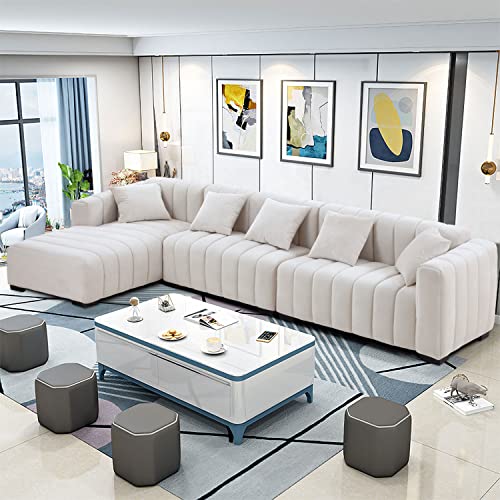 WILLIAMSPACE 139" Sectional Sofa Couch for Living Room, Modern Luxury L Shaped Sofa with Ottoman, 5 Seats Upholstered Sofa Couch Furniture Set with 5 Pillows（Beige,Left-Facing）