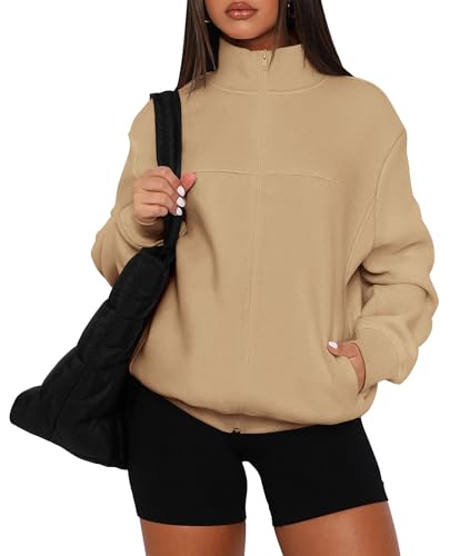 PRETTYGARDEN Women's 2024 Fall Fashion Full Zip Up Sweatshirt Long Sleeve Oversized Fashion Casual Jacket with Pockets (Khaki,Small)