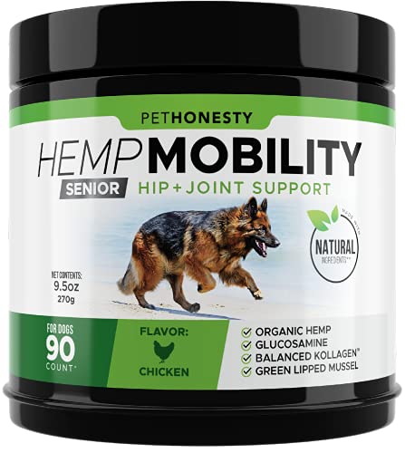 Pet Honesty Senior Hemp Mobility - Hip & Joint Supplement for Senior Dogs - Hemp Oil & Powder, Glucosamine, Collagen, MSM, Green Lipped Mussel, Support Mobility, Helps with Occasional Discomfort (90)