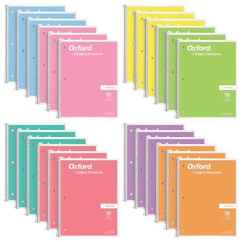 Oxford Spiral Notebook Wide Ruled - 24 Pack - 1 Subject Notebooks for School - 8 x 10-1/2 Inch - 8 Pastel Colors Included - 70 Sheets