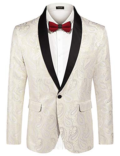 COOFANDY Mens Floral Tuxedo Jacket Paisley Shawl Lapel Suit Blazer Jacket for Dinner,Prom,Wedding Beige
