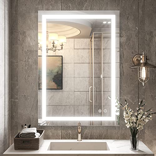 TETOTE Bathroom LED Lighted Wall Mirror Fashion Bathroom Decor Vanity Mirror Memory Dimmable Touch Switch Control (28X20) Birthday Gift Wedding Gift