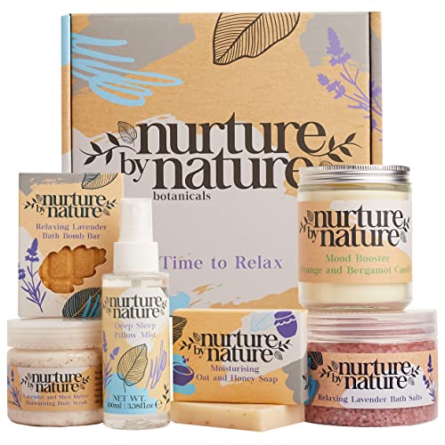 RELAX & CALM | Spa Gift For Women By Nurture By Nature | Lavender Pillow Mist, Bath Salts, Soap, Bath Bomb, Candle, Body Scrub | Birthday Gift for Women | Bath Set, Care Package