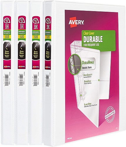 Avery Durable View 3 Ring Binder, 1/2 Inch Slant Rings, 4 White Binders (03362)