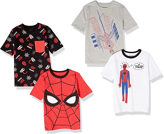Spotted Zebra Disney Star Wars | Frozen Toddler Boys' Short-Sleeve T-Shirts, Pack of 4, White/Black/Red, Marvel Spider Man, 4T