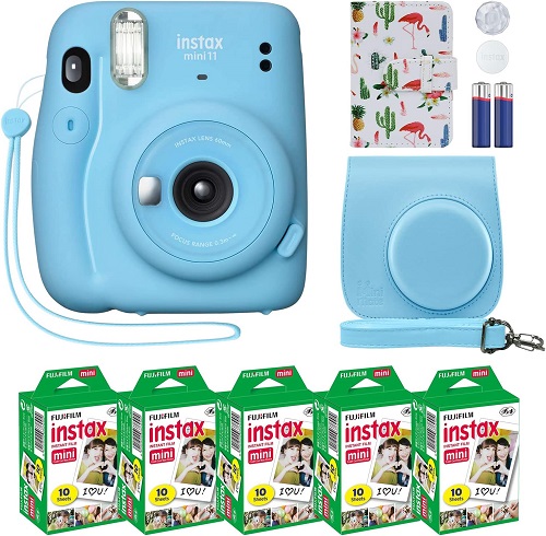 Fujifilm Instax Mini 11 Instant Camera Sky Blue + Custom Case + Fuji Instax Film Value Pack (50 Sheets) Flamingo Designer Photo Album for Fuji instax Mini 11 Photos