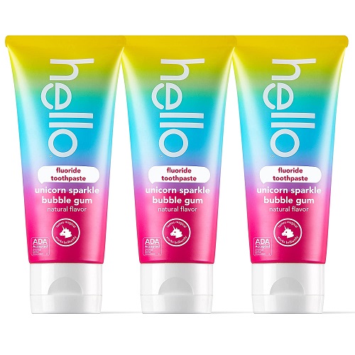 hello Unicorn Sparkle Kids Toothpaste, Fluoride Toothpaste with Natural Bubble Gum Flavor, ADA Approved, Ages 2+, No Artificial Sweetneners, No SLS, Gluten Free, Vegan, Pack of 3, 4.2 OZ Tubes