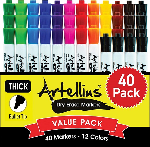 40 Pack of Dry Erase Markers (12 ASSORTED COLORS WITH 7 EXTRA BLACK) - Thick Barrel Design - Perfect Pens For Writing on Whiteboards, Dry-Erase Boards, Mirrors, Windows, & All White Board Surfaces