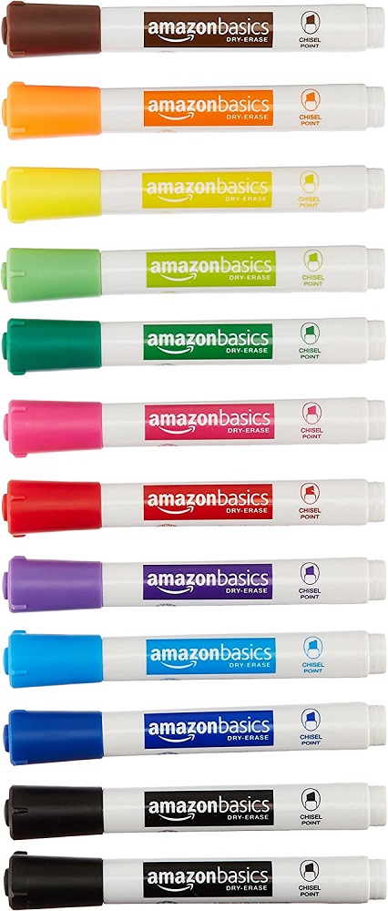 Amazon Basics Low-Odor Chisel Tip Dry Erase White Board Marker, Assorted Colors - Pack of 12